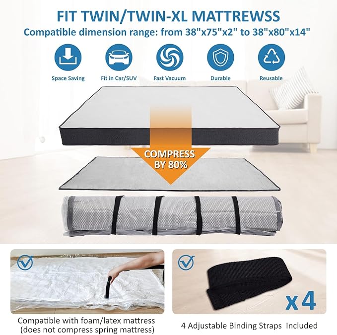 Storage Logic Twin/Twin XL Foam Mattress Vacuum Bag for Moving, Mattress Vacuum Seal Storage Bag with Straps