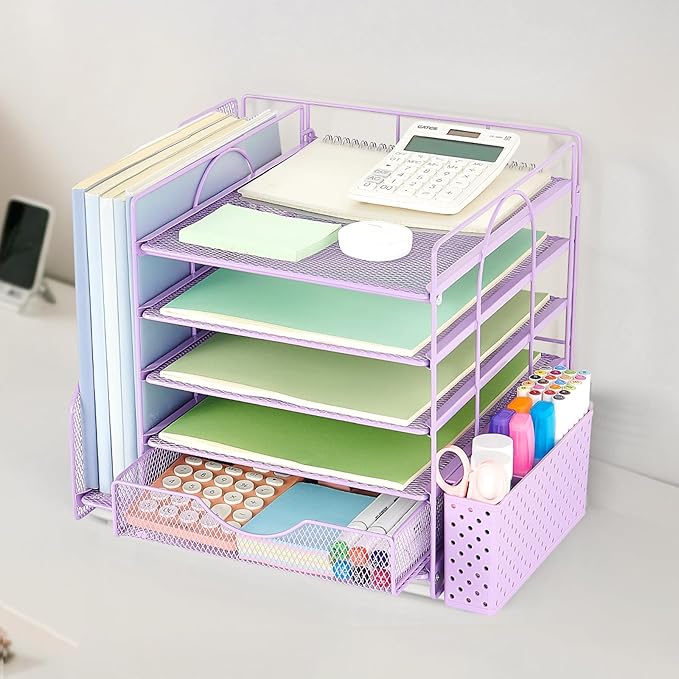 Desk Organizer with Drawer and Pen Holder, 5-Tier Paper Letter Tray Organizer with File Holder, Suitable for Workspace Organizer Office Supplies Storage (Purple)
