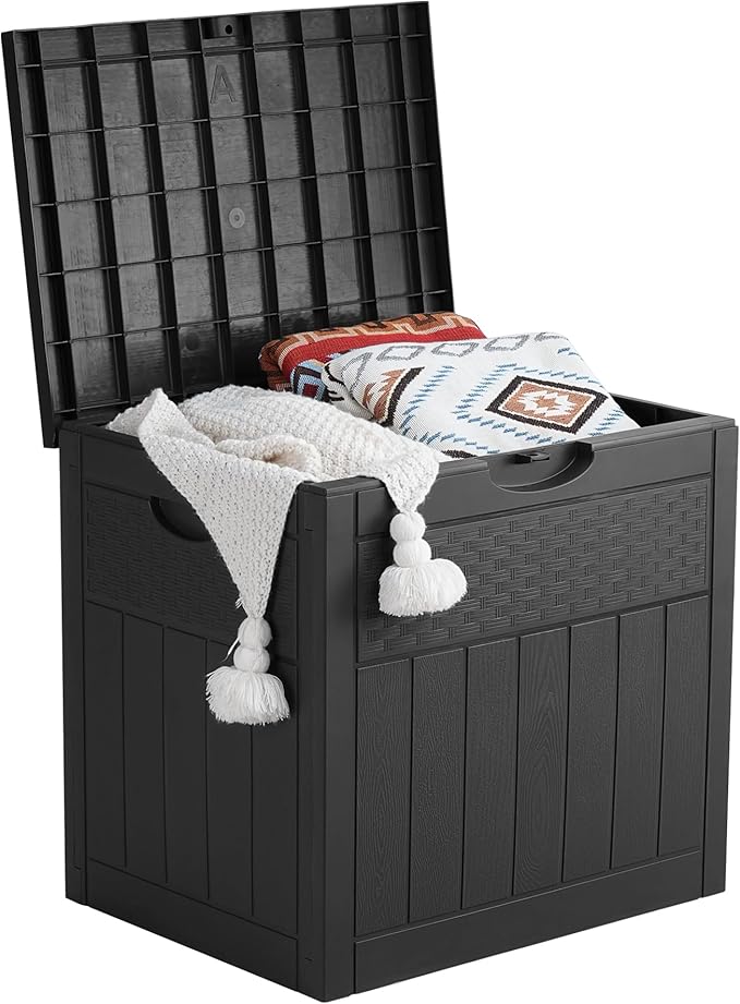 EHHLY 33 Gallon Deck Box, Small Outdoor Storage Box Waterproof, Lockable Secure Package Bin Delivery Box for Outside Front Porch, Patio Cushions Storage Box, Delivery Driver Snack Box for Porch, Black
