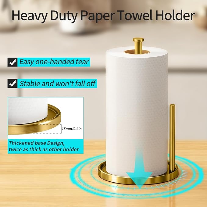 Paper Towel Holder Countertop, Standing Paper Roll Holder with Anti Slip Weighted Base, Stainless Steel Freestanding Paper Towel Holder for Kitchen, Gold