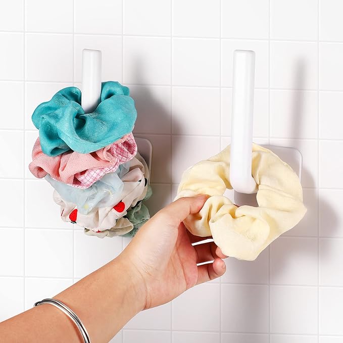 Cunhill Adhesive Scrunchie Holder Organizer Wall Hair Accessories Organizer Wall Hooks Waterproof Scrunchy Storage Stick Scrunchies Hook Headband Hairband Hair Ties Holder, White, Simple Style