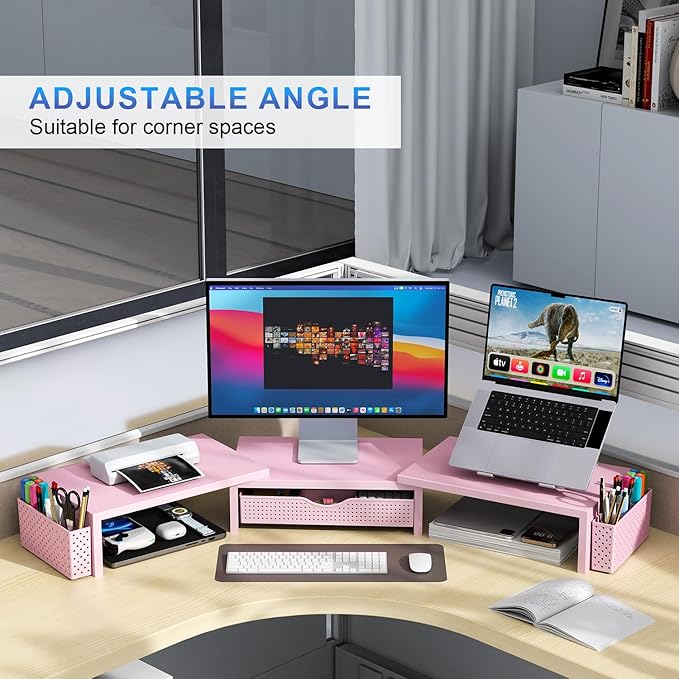 gianotter Dual Monitor Stand Riser, Desk Organizer With Drawer and 2 Pen Holders,Desk Organizers and Accessories, Pink Office Supplies (Pink)
