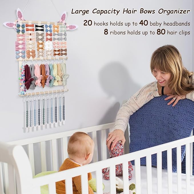Bow Holder Organizer for Girls Hair Bows, 30x15in Large Headband Holder w/ 8 Ribbons & 20 Plastic Hooks, Wall Hanging Jewerly Clip Hair Accessories Organizer Storage for Baby Toddler(Beige)