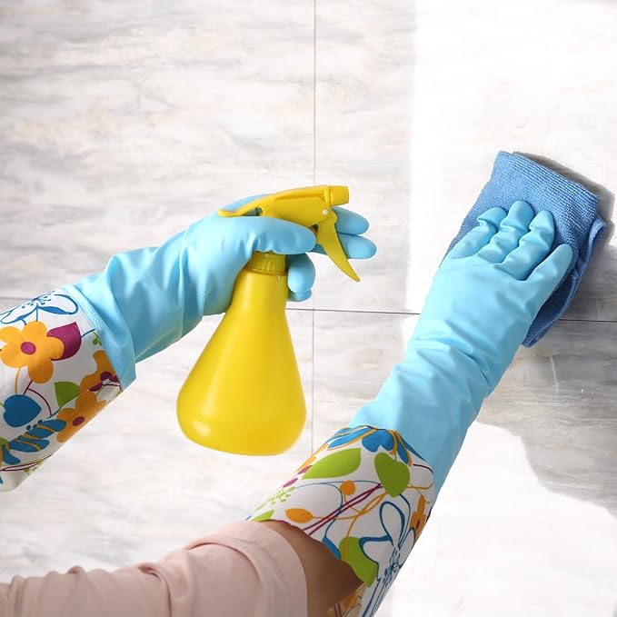 Bamllum 3 Pairs Rubber Cleaning Gloves, Household Kitchen Dishwashing Gloves with Cotton Flocked Liner, Long Cuff 16 Inches, Reusable, Non-Slip (Medium, Blue+Pink+White) (Pack of 2)
