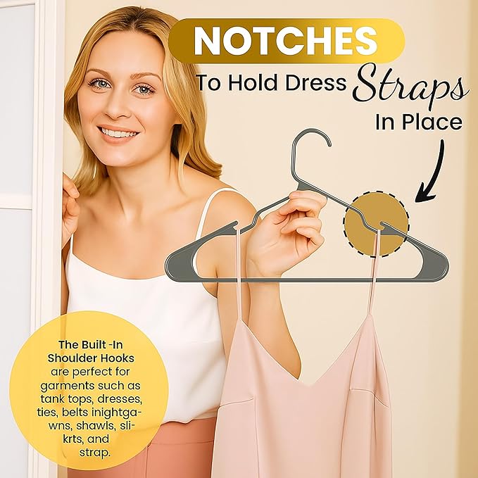 30 Pack Adult Plastic Hanger for Shirt Pants Coats Dresses Skirts Suits Jackets - Standard Thick Coat Hanger - Sturdy & Durable Design with Shoulder Grooves Hook - Grey