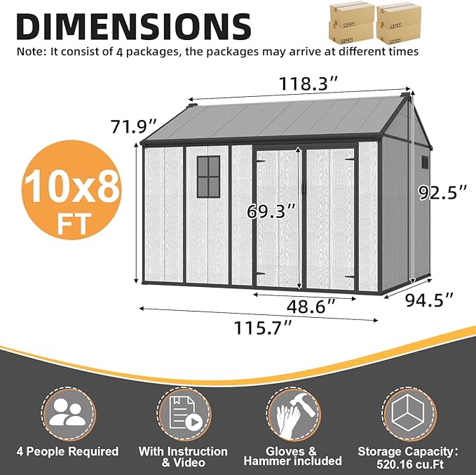 MELLCOM 10 x 8 FT Resin Outdoor Storage Shed with Floor, Resin Outdoor Storage Tool Shed with Windows and Lockable Door, Garden Shed for Lawnmower, Bike, Pool Supply