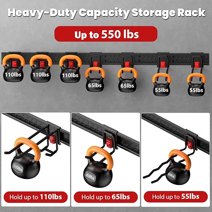 Garage Tool Organizer Wall Mount, Upgraded 48" Heavy Duty Garage Storage Tool Rack, Thickened Metal Wall System with 7 Adjustable Anti-Slip Hooks, 550 lbs Load Capacity, Reinforced Locking, For Garden