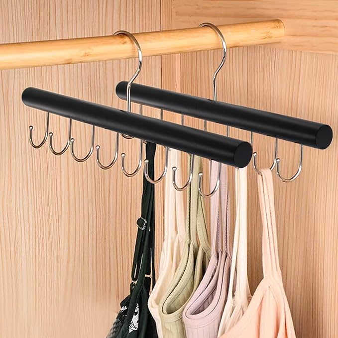 2PCS Belt Organizer Hanger,Sturdy Wood Belt Rack Closet Accessories with 8 Hooks Belt Organizer for Closet Organizers and Storage -Black