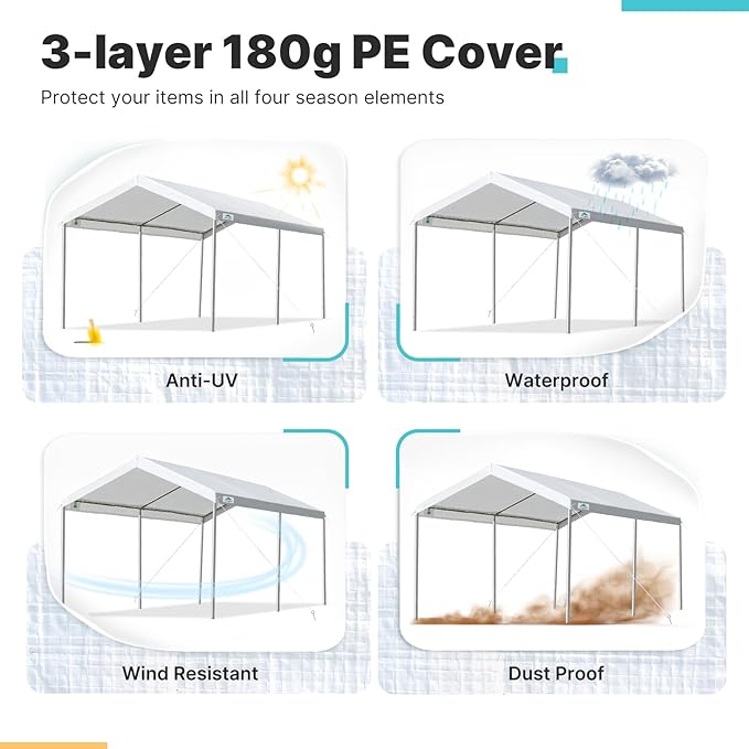ADVANCE OUTDOOR 10x15 ft Heavy Duty Carport Potable Car Canopy Garage Party Tent Boat Shelter, Adjustable Height from 9.5 ft to 11 ft, White