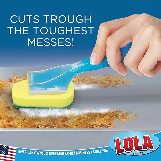 LOLA Dish Brush w/Soap Dispenser Wand, 1 Brush w/Head & 6 Refills, Absorbent Sponge Scrubber, No Leaking. Clean Dishes, Sinks and Cookware (Pack of 2)