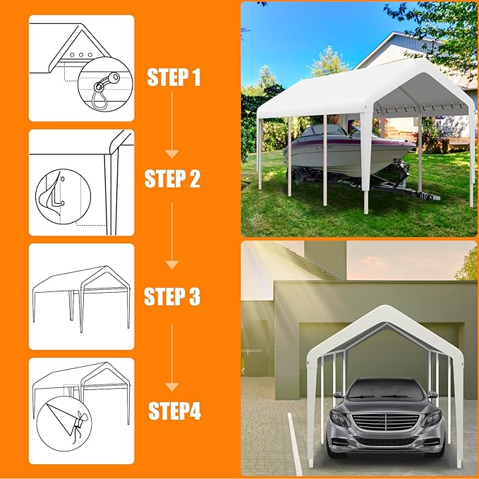 Carport Canopy 10'x20' Heavy Duty Replacement Cover, Garage Shelter Cover 800D Oxford Waterproof & UV Protected Tarp with Ball Bungees, Not Include Frame, White