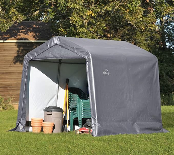 ShelterLogic 8' x 8' x 8' Shed-in-a-Box All Season Steel Metal Peak Roof Outdoor Storage Shed with Waterproof Cover and Heavy Duty Reusable Auger Anchors