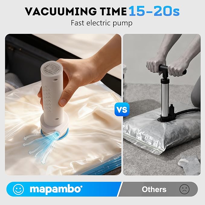 Mapambo Travel Vacuum Bags with -4000Pa Electric pump, 9 Pack Vacuum Seal Bags for Clothing Travel in 3 Combo sizes, Space Saver Vacuum Storage Bags, Saving up to 80% of Space (9 Combo Pack)