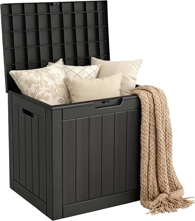 Mars Villa 31 Gallon Deck Box, Waterproof Weatherproof and UV Resistant Resin Storage Bin with Lockable Lid, for Outdoor Patio Furniture Cushions, Pool Supplies, Garden Tools, Black