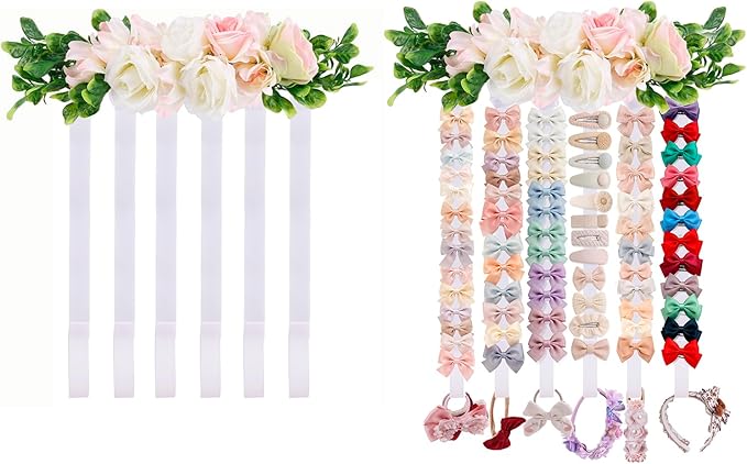 Hair Bows Holder Headband Organizer for Girls,Baby Hair Accessories Organizer Hair Clips Hanger Storage with Hooks, Wall Hanging Decor for Nursery Room (FB-GJ-White, JS95*38CM)