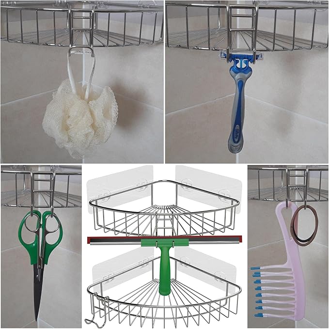 Shower Caddy With Hooks - Razor Holder and Loofah Hanger 2 Pack Silver