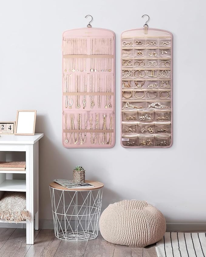 Hanging Jewelry Organizer Storage Roll with Hanger Metal Hooks Double-Sided Jewelry Holder for Earrings, Necklaces, Rings on Closet, Wall, Door 33 * 14IN (Pink)