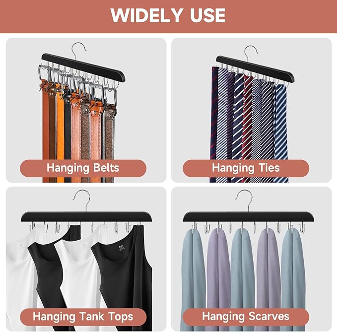 Belt Hanger for Closet, Holds Max 60 Belts, Wooden 20 Hooks Belt Organizer Wardrobe Accessory, 360° Rotatable Belt Storage Hanger Rack Space Saver for Belt, Bra, Tank Top, Tie, Scarf (2)