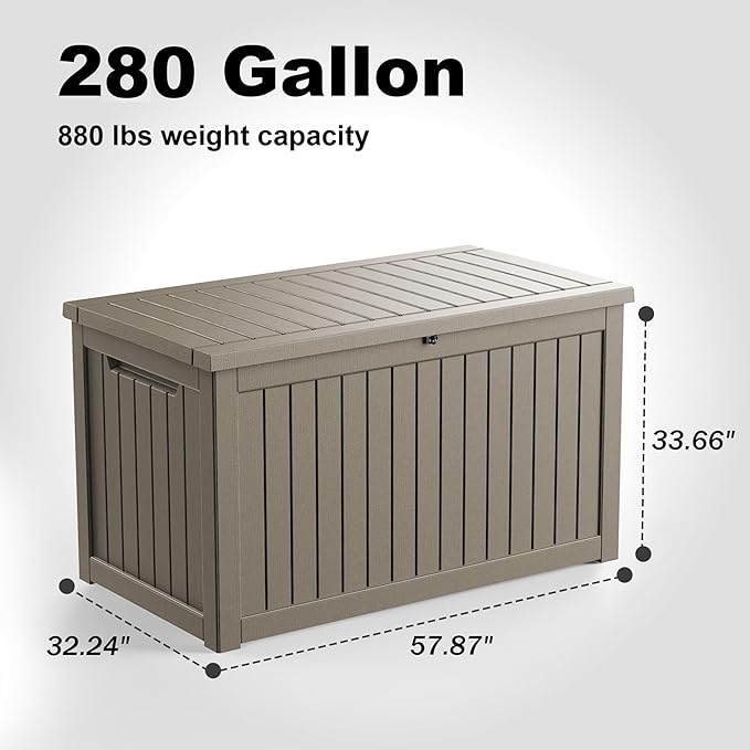 280 Gallon Outdoor Deck Box,Waterproof Resin Outdoor Storage Boxes, Outside Storage Lockable Container for Garden Tools,Indooor Cushions,Accessories (Grey)
