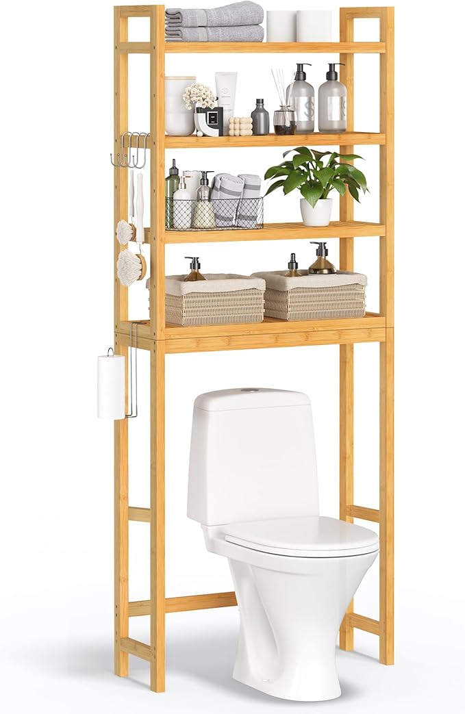 SONGMICS Over The Toilet Storage, 4-Tier Over Toilet Bathroom Organizer with Adjustable Shelves, 10.2 x 24.8 x 72.8 Inches, Space-Saving, Natural Beige UBTS041N01