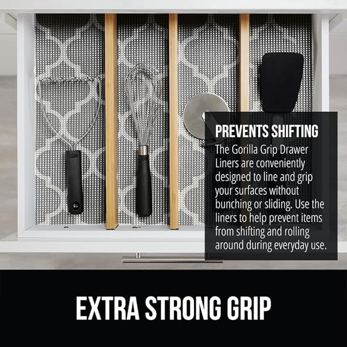 GORILLA GRIP powerGRIP Drawer Shelf and Cabinet Liner, Thick Strong Hold, Non-Adhesive Liners Protect Kitchen Cabinets and Cupboard, Bathroom Drawers, Easy Install, Breathable Mat, 17.5" x20', Gray