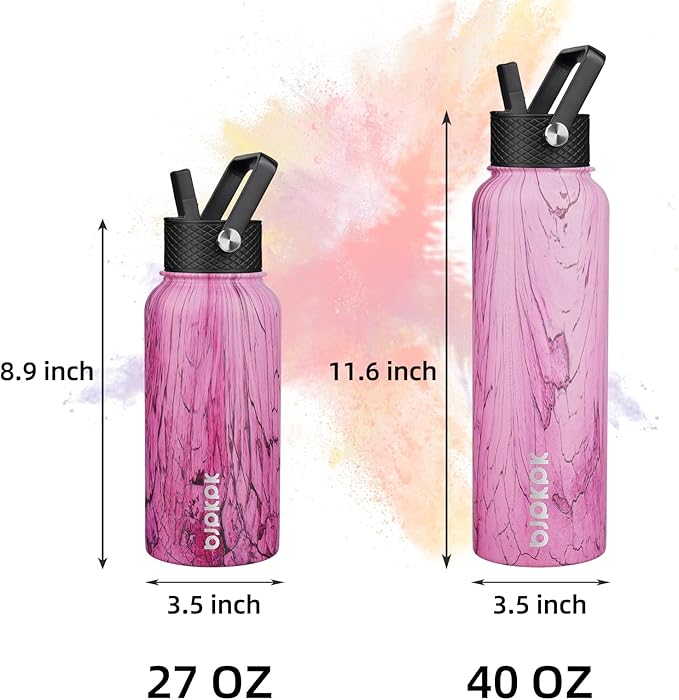 BJPKPK Insulated Water Bottles with Straw Lid, 27oz Stainless Steel Water Bottle with 3 Lids, Leak Proof BPA Free Metal Thermo, Mugs, Tumblers, Keep Cold Hot - Wood Pink