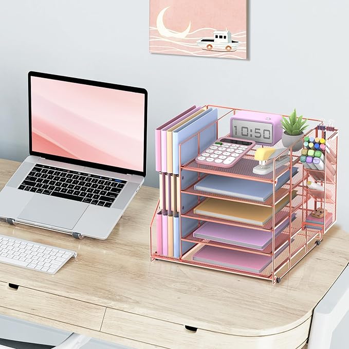 Rose Gold Desk Accessories, 5-Tier Desk Organizer with Magazine Holder, Paper Organizer with Pen Holder for Home, Office or School Supplies