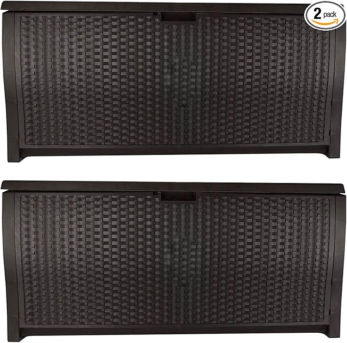 Suncast 99 Gallon Plastic Wicker Deck Box Container Storage for Garden, Garage, Home, Pool, Indoor and Outdoor Use, Mocha (2 Pack)