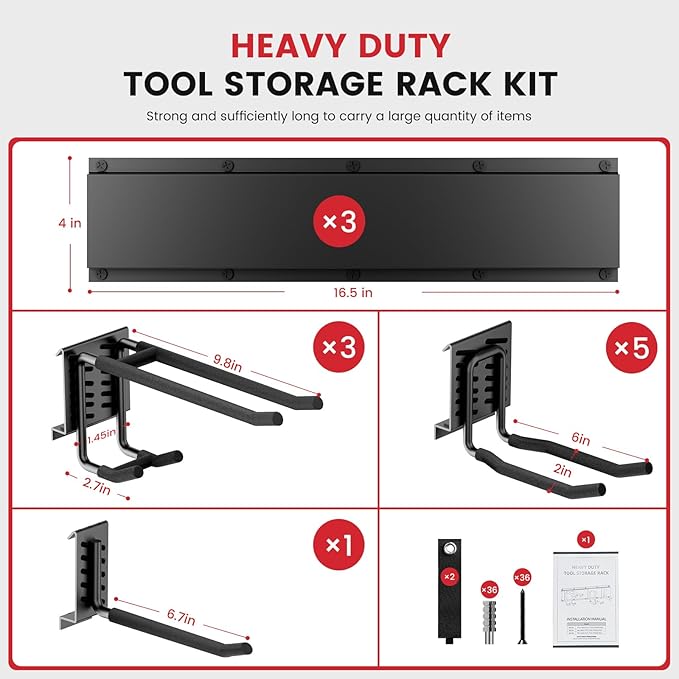 49.5" Heavy Duty Wall Mounted Garage Tool Organizer – 3 Panels & 9 Adjustable Hooks, 690 lbs Load Capacity, Modular Storage for Efficient Tool Organization, Easy Install in Garage, Garden, 14 Pack