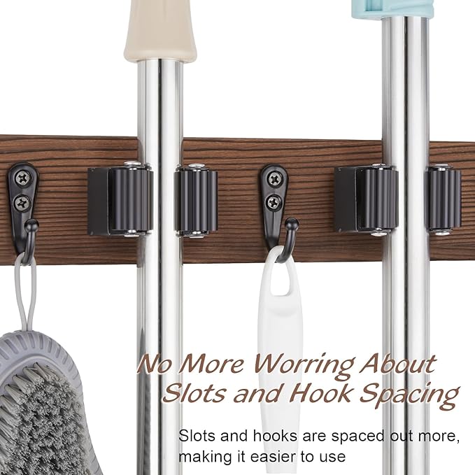 2 Pack Mop Broom Holder Wall Mount with 3 Slots & 4 Hooks - Rustic Wood Broom Mop Hanger for Pantry Kitchen Organization - Garden Tool Organizer for Closet Laundry Room