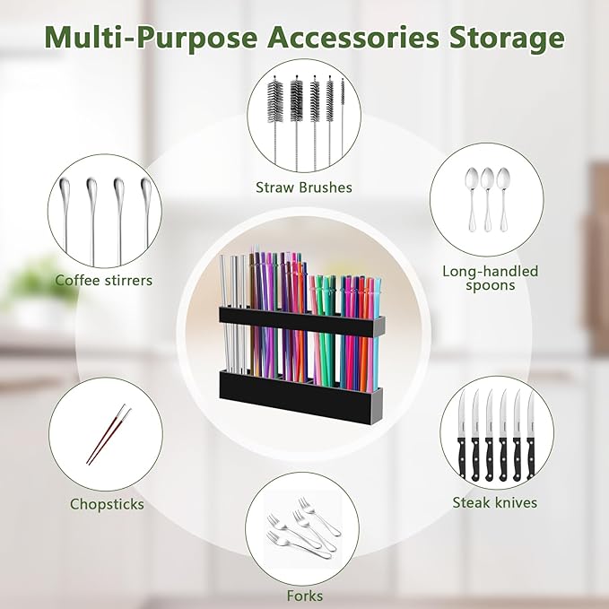 9.5” Large Acrylic Straw Holder for Cabinet Door - Reusable Tumbler Straw Organizer Storage, Small Kitchen Accessories Container, Ultra Sticky Cupboard Door Mounted (Black)