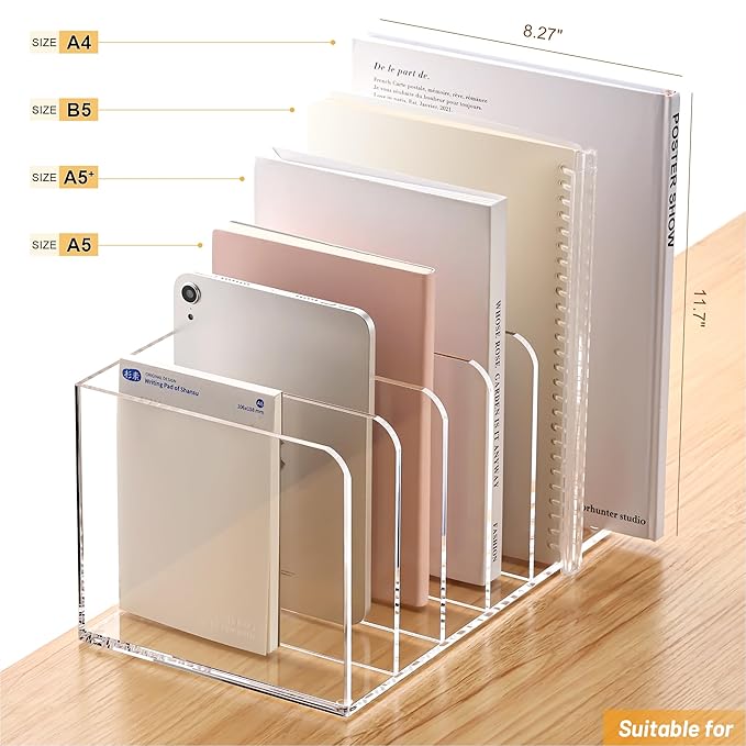 YUXUN Acrylic Magazine Holder,Clear Desk Organizer File Sorter for Notebook,Paper,Envelope,Magazine, Book Storage-Office/Home/Classroom Organization(6 Compartments,B5)