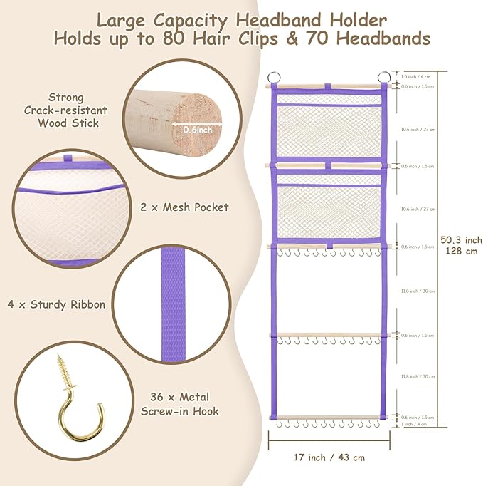 Hair Bow Organizer for Baby Girl, 17x50in Bow Holder Headband Organizer, Hair Clip Accessory Holder Wall Hanging Decor for Women Toddler Kids Room Nursery(Purple)