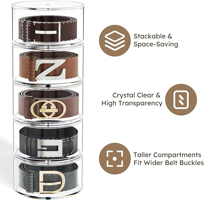 FEMELI Belt Organizer, Acrylic Belt Storage Holder for Closet & Drawer, 3-Layer Stackable Display Case for Belts, Watches, Jewelry and Ties