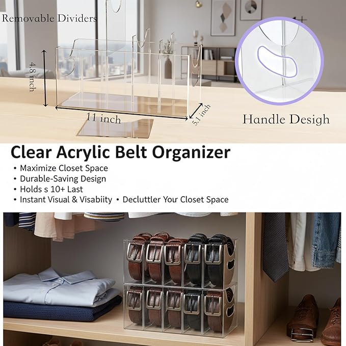 Belt Organizer 2pack,Acrylic Belt storage Organizer for Closet with Removable Dividers - 5 Compartments & Handles Drawer organization and storage for underwear, Socks, and Ties (2)