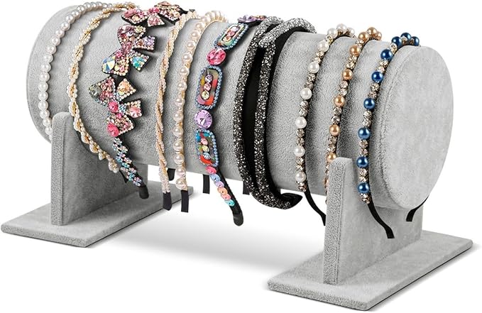 Flexzion Headband Display Stand - Soft Velvet Headband Holder Organizer Storage Rack with Detachable Base for Hair Hoop Accessories, Scrunchies, and Bracelet for Girls and Women, Gray