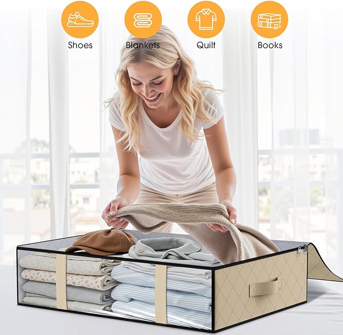 StorageRight Under Bed Storage Bins, 8-Pack 40L Foldable Fabric Storage Bags with Transparent Window, Breathable Organizer for Clothes/Blanket/Comforter/Quilts,Beige