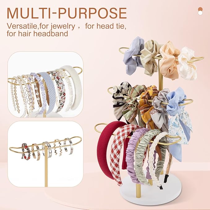 MoyRetty 3-Tier Headband Holder Organizer, Jewelry Metal Hair Hoop Display Stand Headband Organizer Storage Hair Ropes Accessories Bracelets Bangles Bedroom College Dorm Decor-Gold