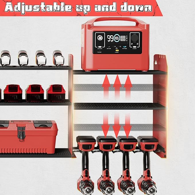 Power Tool Organizer with Charging Station Wall Mount, 3 Layer Expanded Heavy Duty Garage Organization, 45.5 Inch Length Garage Tool Storage, 8 Drills, 2 Assemble Method, Red