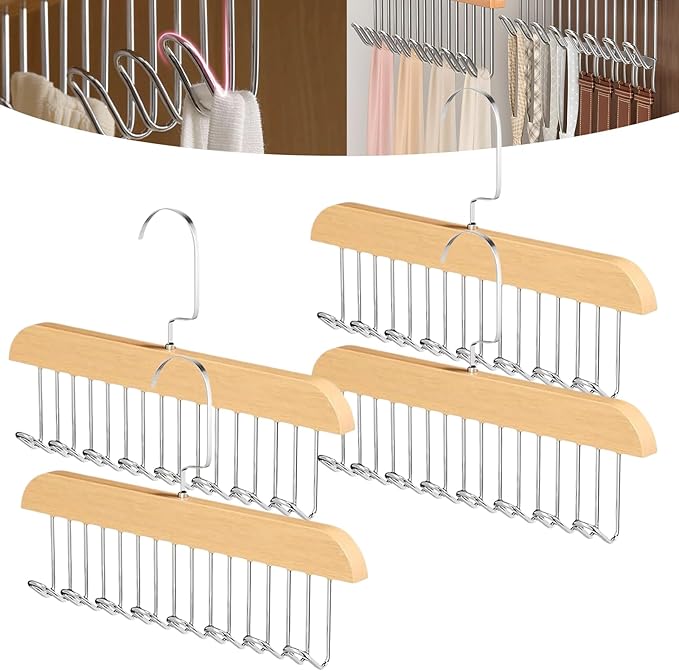 4 Pack Tie Hanger for Closet, Wooden Tie Rack Hangers for Men with 8 Hooks, Space Saving Tie Holder Organizer,Closet Storage for Ties,Belts,Bras,Scarves,Tank Tops