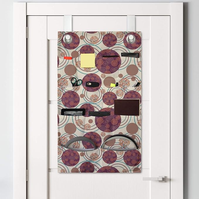 Lunarable Geometric Circle Hanging Pocket Organizer, Ring Spherical Disco Balls Dot and Stripes Swirls Display Print, Printed Polyester Storage Bag with Pockets, 21" x 31", Maroon Beige