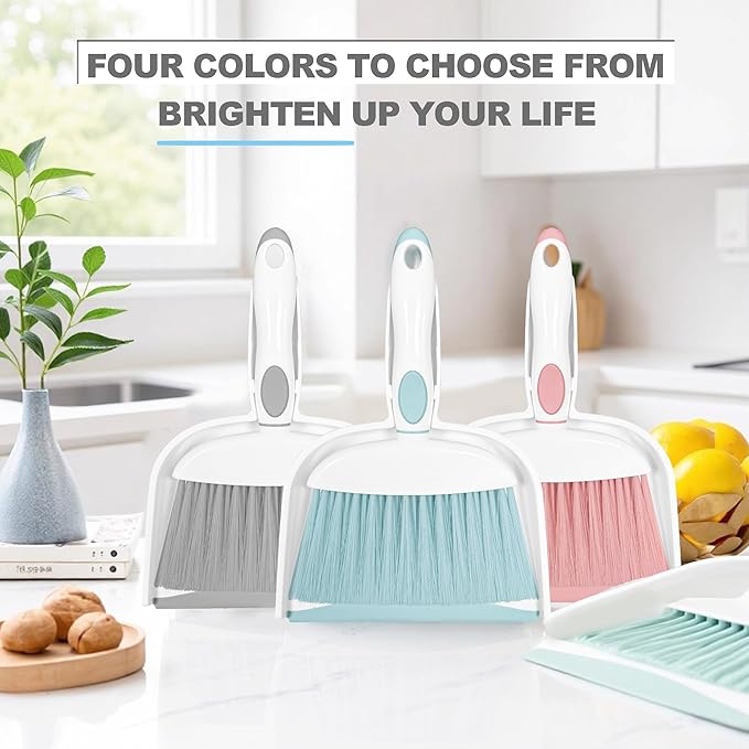 Mini Broom and Dustpan Set Small Broom with Dustpan Combo Set Portable Cleaning Tools for Home Office RV Learning Camping (White+Blue)