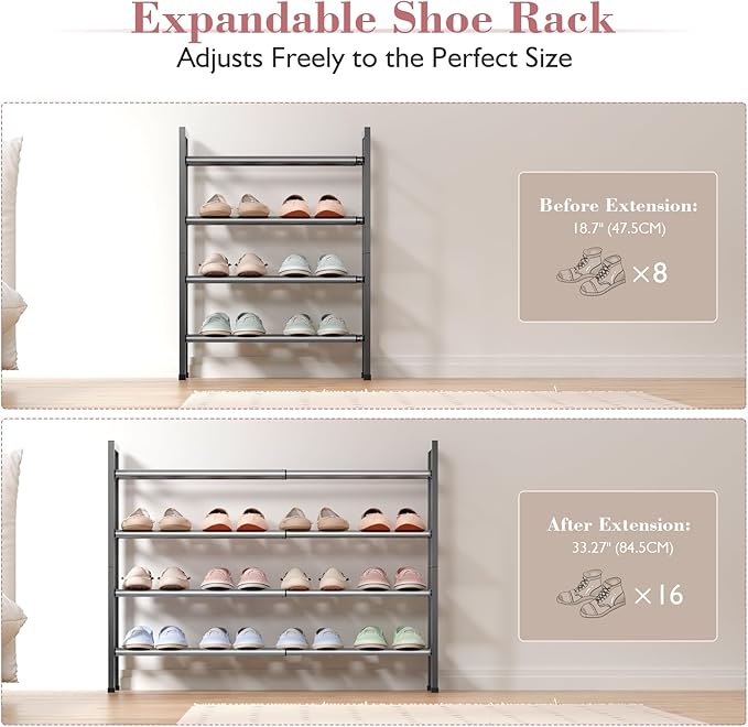 Bumusty 4-Tier Expandable Shoe Rack for Closet, 18“-33” Adjustable Shoe Rack for Small Space, Small Shoe Organizer for Front Door, Sturdy Metal, Gray