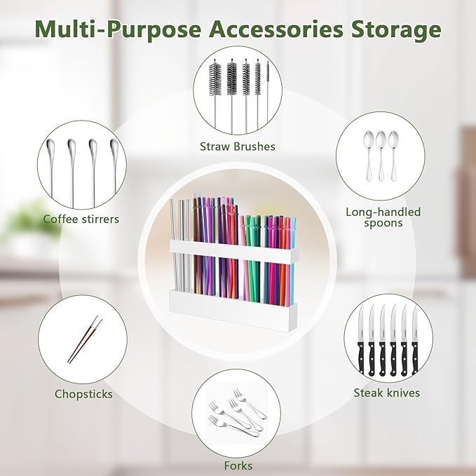 9.5” Large Acrylic Straw Holder for Cabinet Door - Reusable Tumbler Straw Organizer Storage, Small Kitchen Accessories Container, Ultra Sticky Cupboard Door Mounted (White)