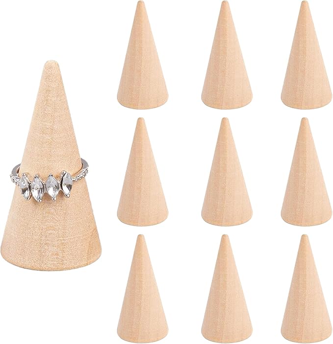 Framendino, 10 Pack Natural Wood Cone Ring HolderJewelry Display Stand Organizer DIY Craft Wooden (Vertical Shaped)