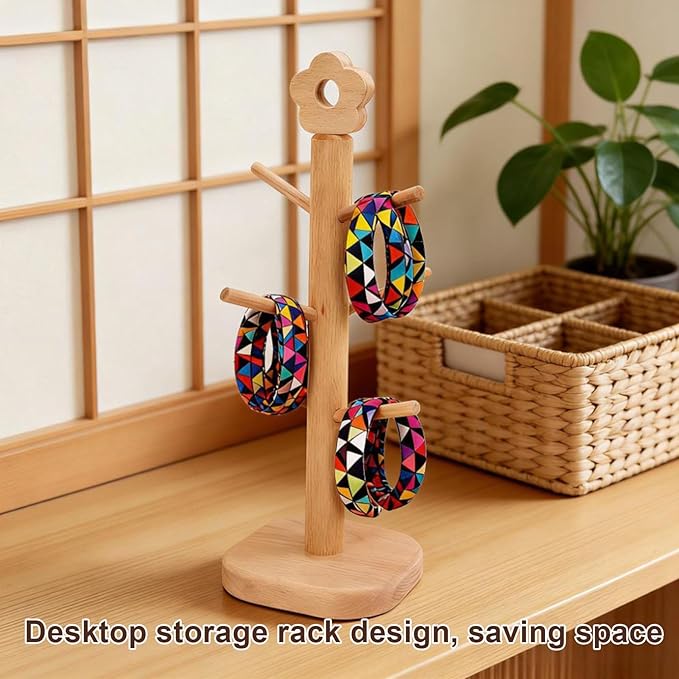 Wooden Hair Tie Holder, Beechwood Accessory Organizer with 6 Prongs for Scrunchies and Bands, Tabletop Storage Rack Home Boutique