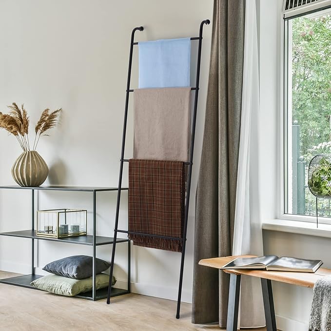 Blanket Ladder Decorative Towel Rack Holder for Bathroom, Wall Leaning Metal Drying Quilt Stand for Living Room Bedroom Farmhouse Home Decor, for Women Mom Mother Her Wife - Black