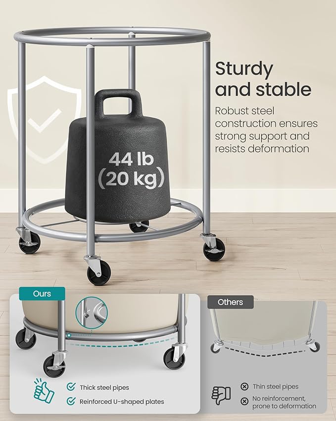 SONGMICS 29-Gallon (110 L) Laundry Basket with Wheels, Rolling Round Heavy-Duty Laundry Hamper Cart with Steel Frame and Removable Bag, 2 Locking Wheels, Coffee Brown and Cream White URLS002KQ02