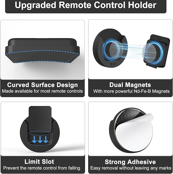 Magnetic Remote Control Holder Wall Mount, 4 Pack TV Remote Control Holder for Fan/Air Conditioner, Self-Adhesive Bedside Caddy for TV Backside/Bedroom/Office/RV Home Organizer Storage(Black)