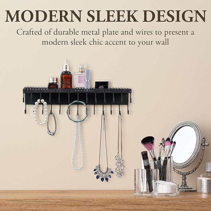 MyGift 15 Inch Wall Mounted Matte Black Metal Jewelry Organizer & Display Shelf with Vintage Lace Design, Hanging Perfume Storage and 26 Hook Necklace Hangers